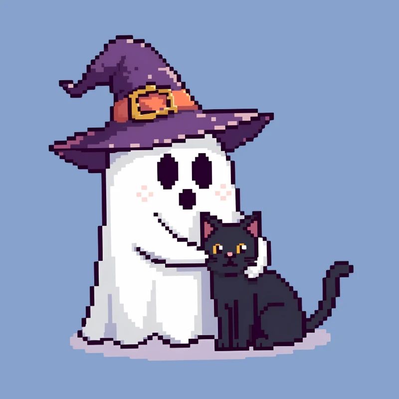 Pixel Ghost with Witch Hat & Cat – Halloween