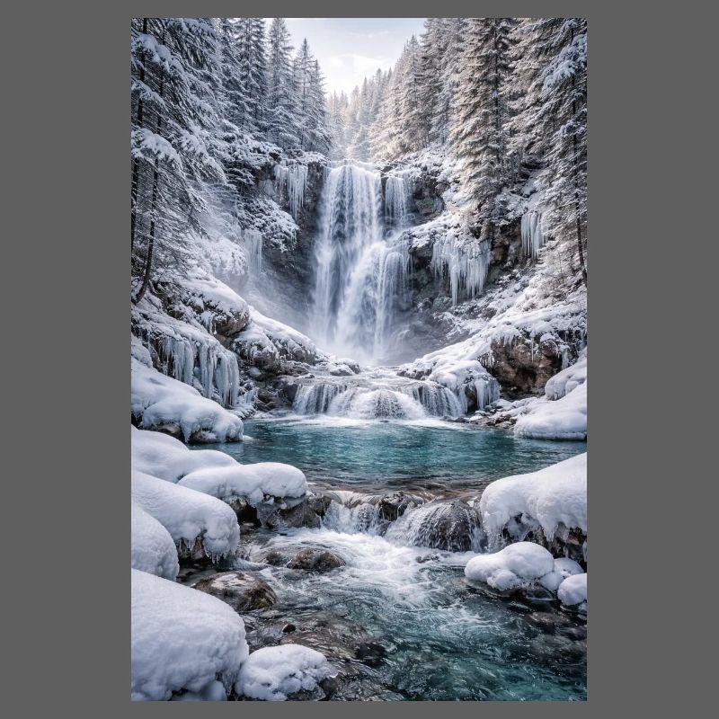 Winterwasserfall im schneebedeckten Wald
