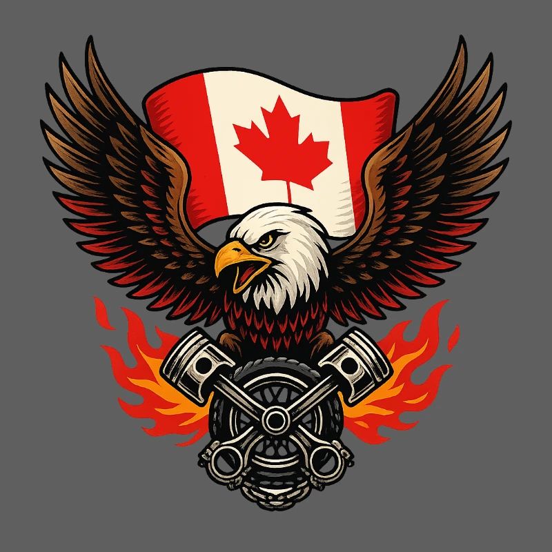 Aigle canadien biker avec drapeau et pistons