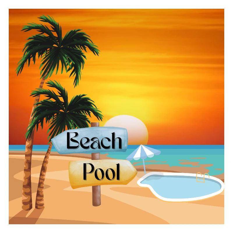 Plage tropicale avec piscine et coucher de soleil