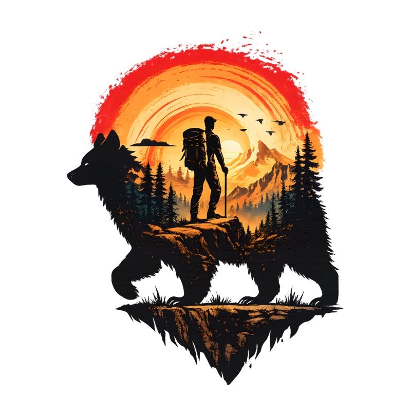Hiker and Bear at Sunset