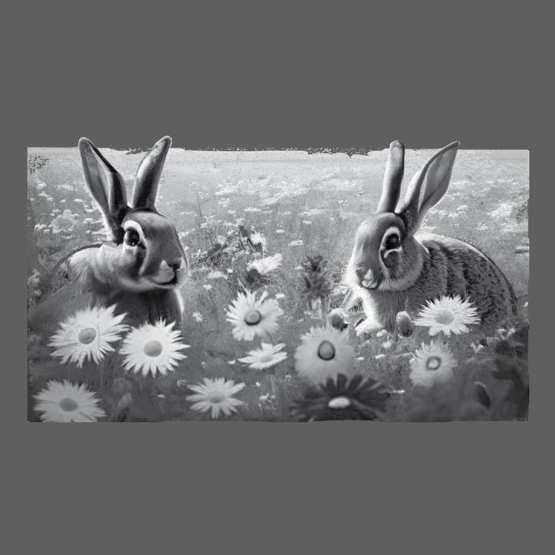 Hasen auf Blumenwiese GRAU mit ausgefranstem Rand