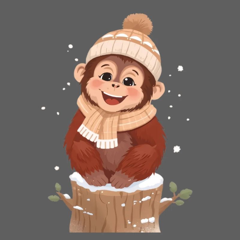 Winter monkey on tree stump