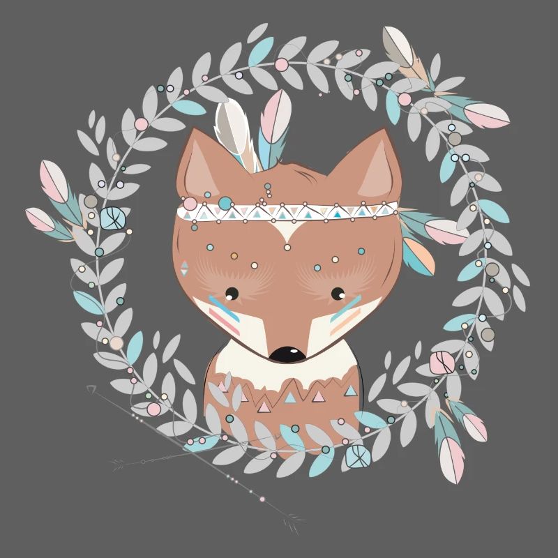 small fox with feather decoration in ethno frame