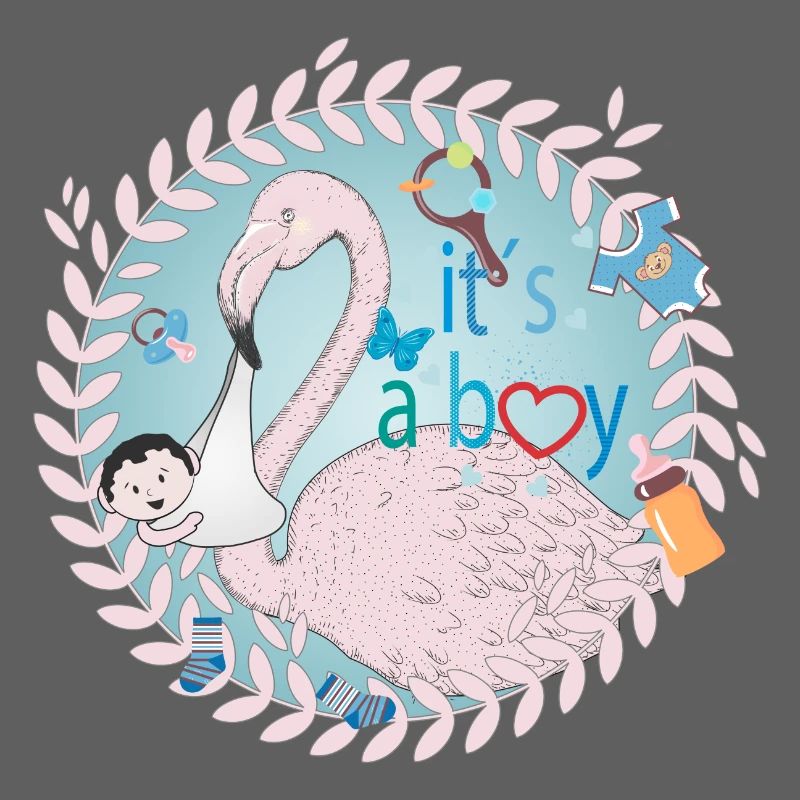 Flamant rose avec bébé et ustensiles pour bébé en bleu
