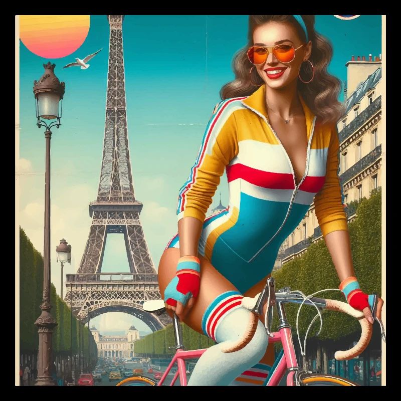 Belle jeune fille à vélo devant la tour Eiffel