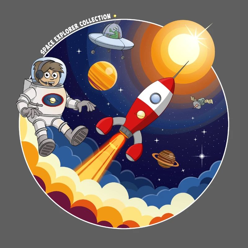 Fusée, astronaute, OVNI et planètes dans l’espace.