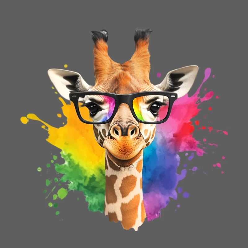 Bunte Giraffe mit Brille und Regenbogen-Spritzer