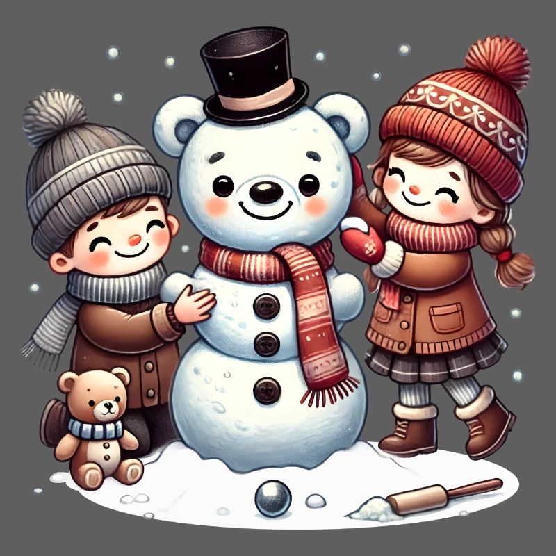 Winterspaß: Kinder bauen einen Teddy-Schneemann