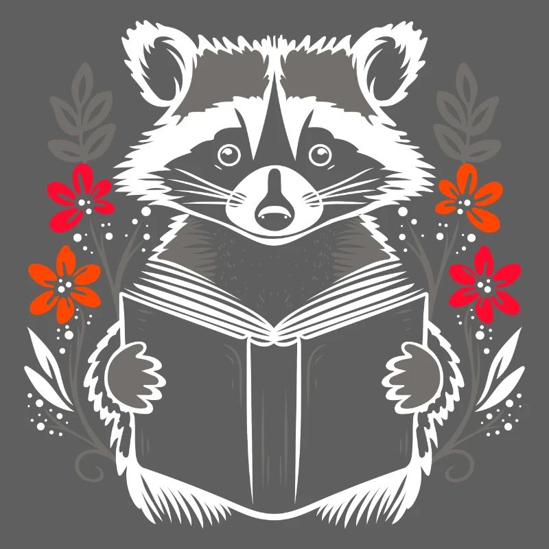 Lesender süßer Waschbär mit Buch und Blumen