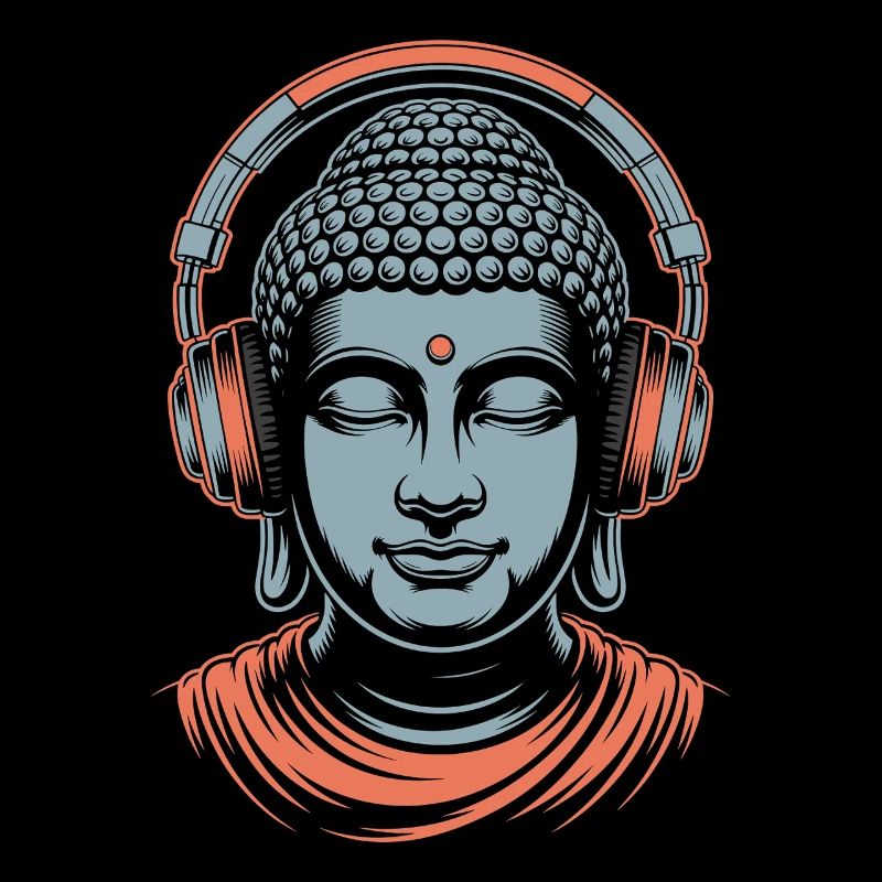 Bouddha avec casque Mindfulness Musique Boho Zen