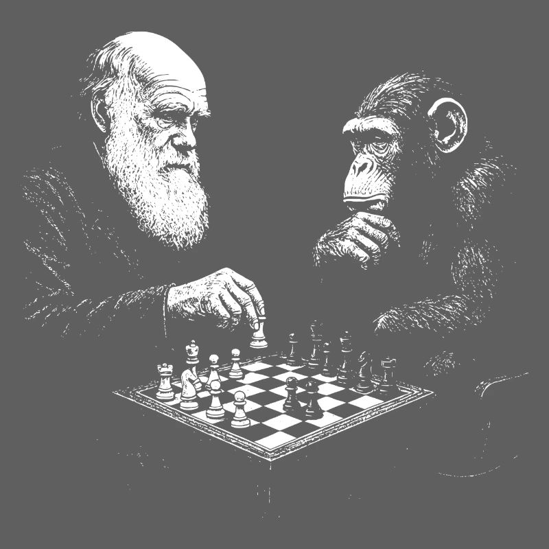 Charles Darwin joue aux échecs avec un singe