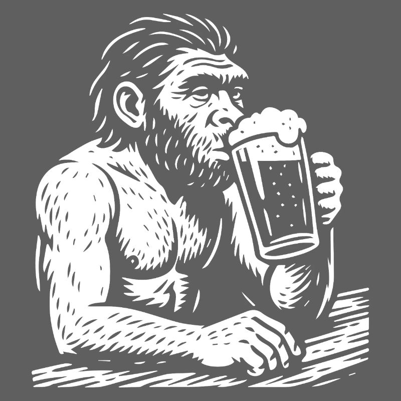 Homo erectus trinkt Bier in der Kneipe