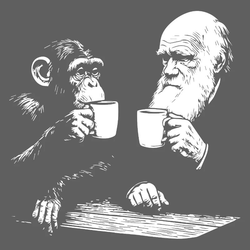Darwin and monkey drinking Coffee 