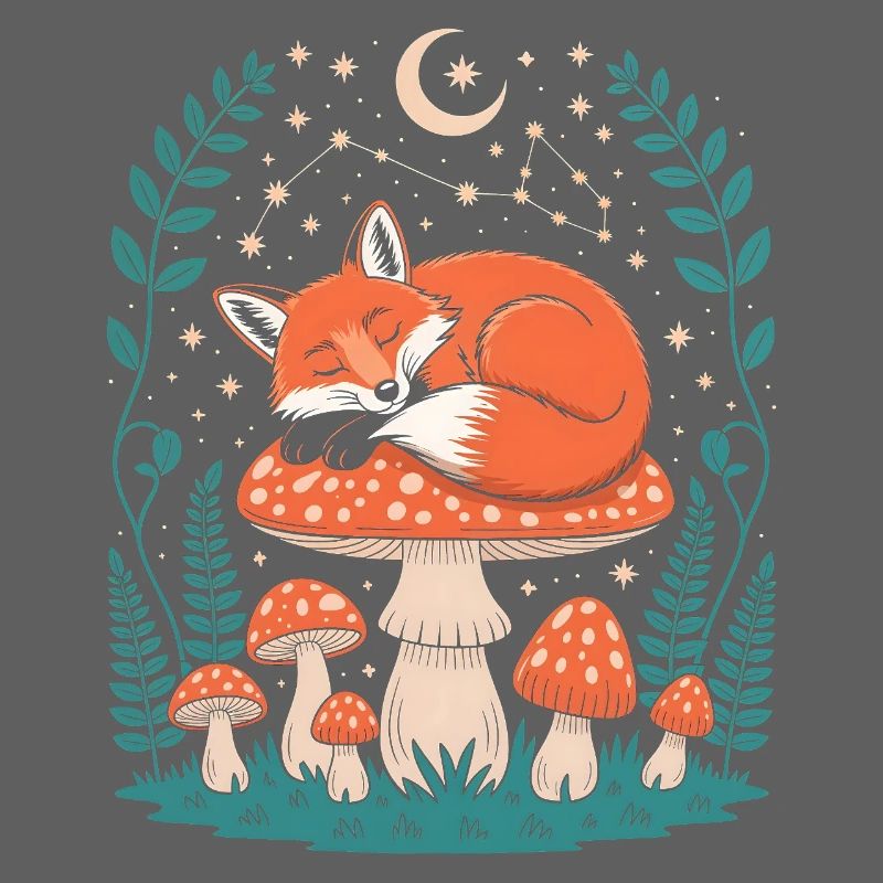 Sleeping Fox on Mushroom Under Starry Sky