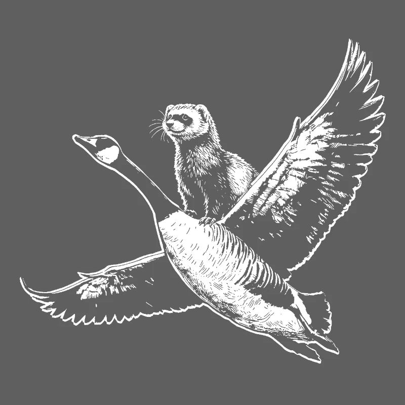 Ein Frettchen, das stolz auf einer Gans fliegt.