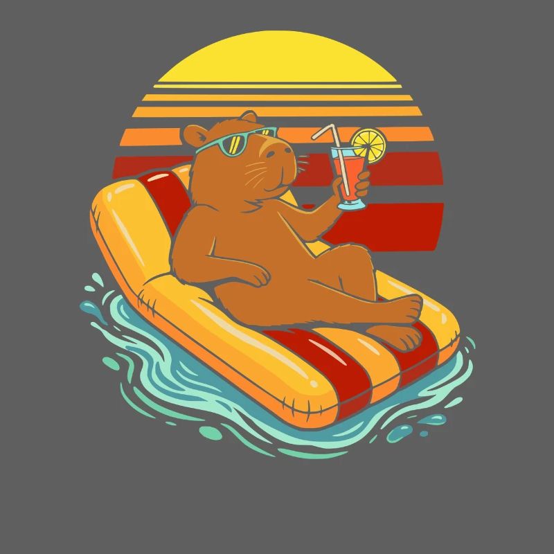 Le capybara sur un matelas gonflable boit du jus