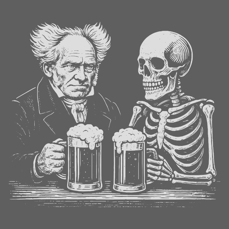 Arthur Schopenhauer trinkt Bier mit Skelett