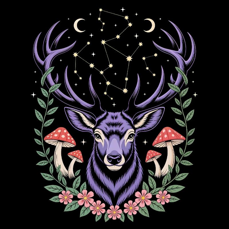 Cerf mystique avec des constellations et des champignons