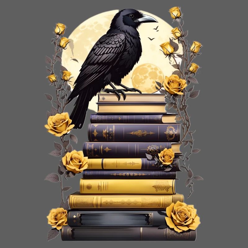 Stack of books with raven