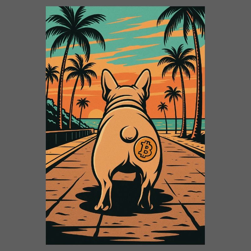 Dog with Bitcoin tattoo before sunset