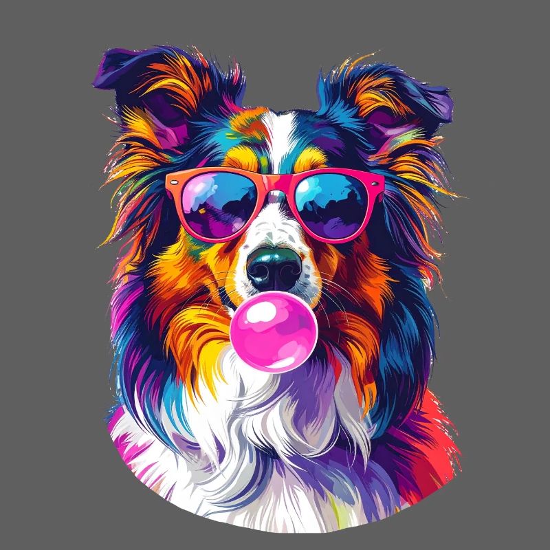 Bunter Sheltie mit Sonnenbrille und Bubblegum