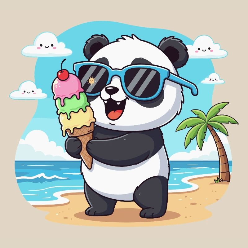 Panda am Strand mit Eiscreme