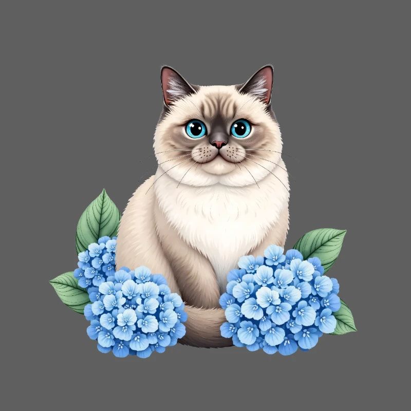 Cute Ragdoll Cat with Blue Hydrangeas