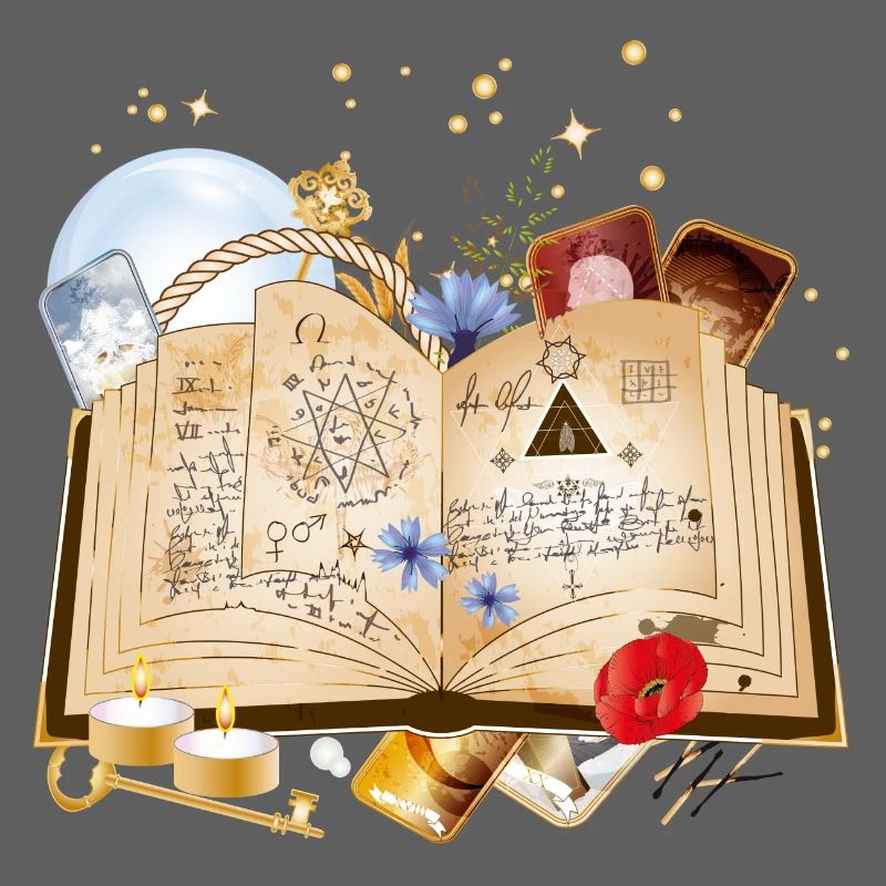 old book with spells & magic accessories