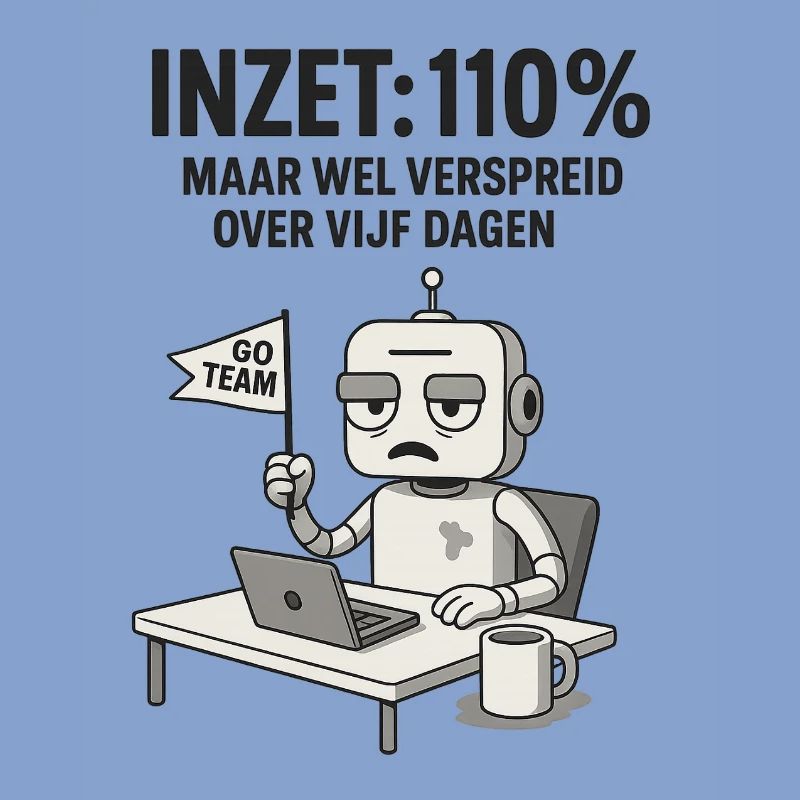 COMMITMENT: 110% – Robot at work with dry humor