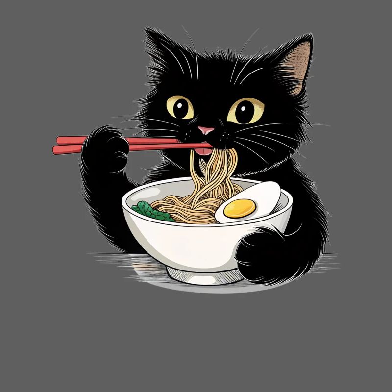 Chat noir mangeant des nouilles ramen