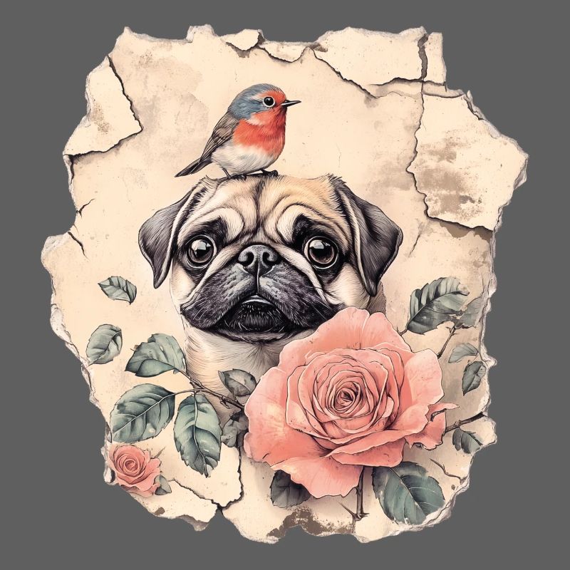 Mops mit Rotkehlchen