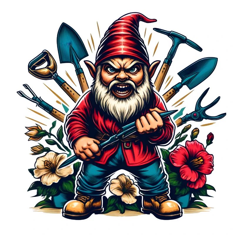 Bunter,grimmiger Gartenzwerg mit Blumen & Werkzeug
