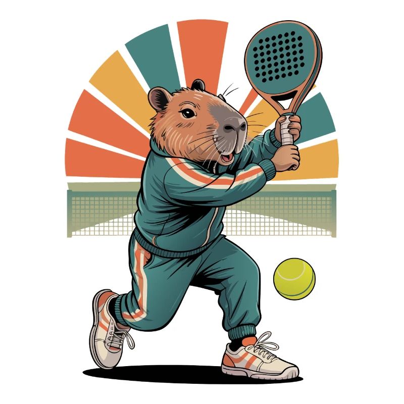 Capybara joue au padel dans un style rétro