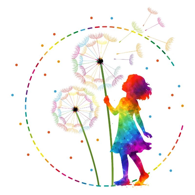 Regenbogen Mädchen mit Pusteblume