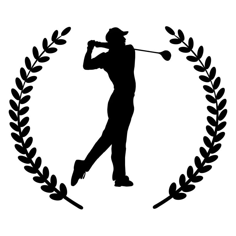 Golf player strikes ball shadow in laurel wreath