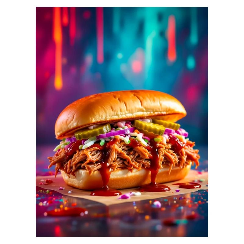 Juicy pulled pork burger surrounded by explosive