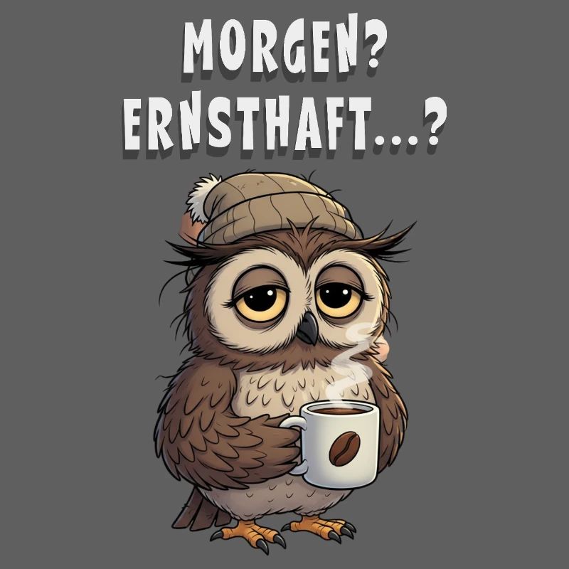Morgen? Ernsthaft? Müde Eule mit Kaffee