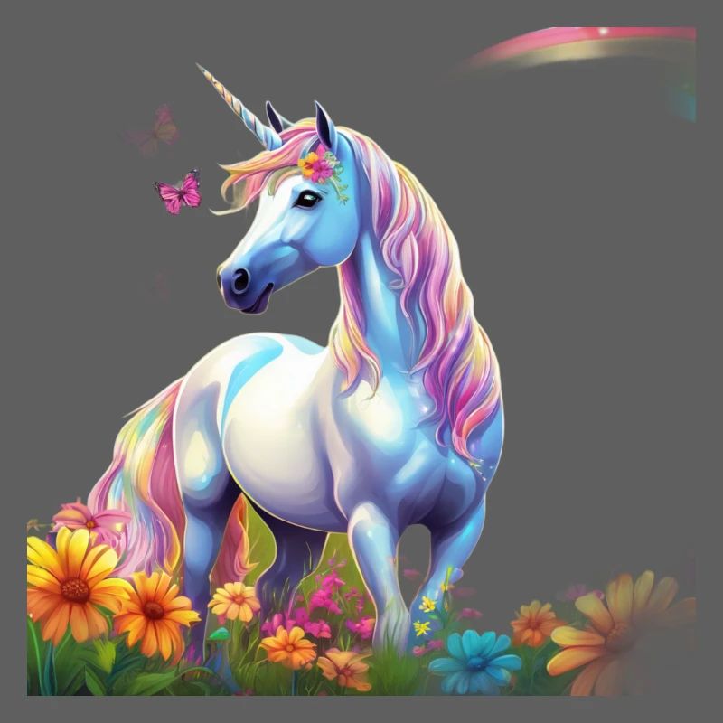 Himmlisches Einhorn im Blumenfeld mit Schmetterlin