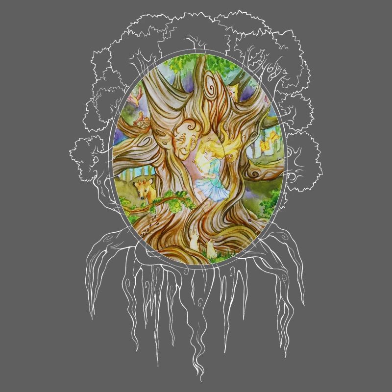 Fille dans l’arbre de la sagesse, chêne, forêt, miroir