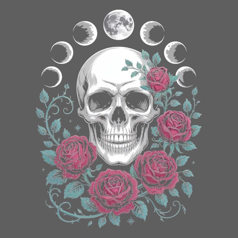 Gothic Skull with Moon Phases and Roses Design