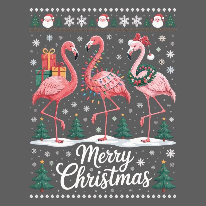 Weihnachtsflamingos mit Schneeflocken und Deko
