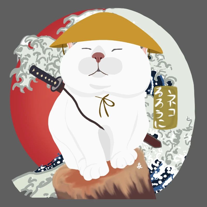 Chat samouraï assis sur le bois