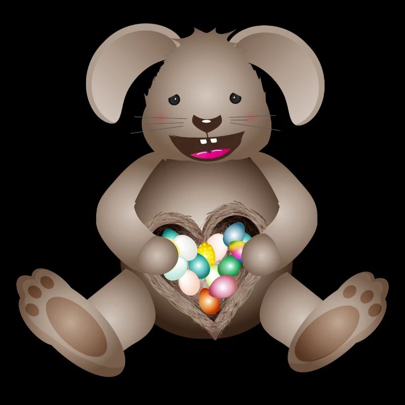 Pääsiäispupu, jolla on sydän ja pääsiäispesä täynnä pääsiäismunia