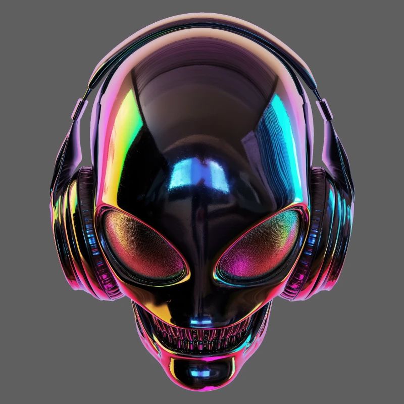 Schwarzer Alien-Kopf mit Kopfhörern