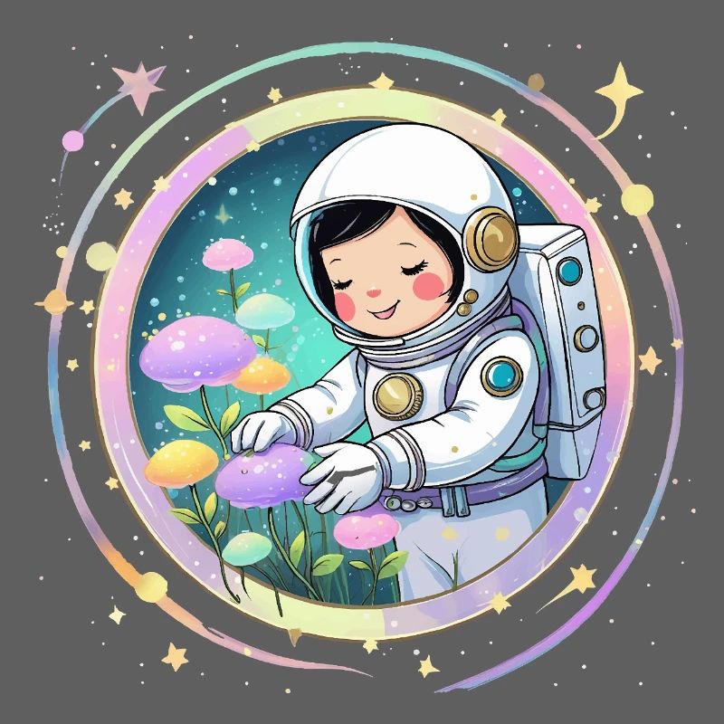 Fille astronaute avec des champignons - Conception spatiale mignonne