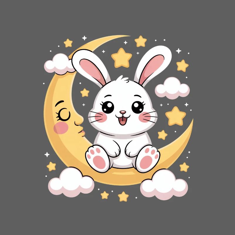 Cute bunny on crescent moon with stars