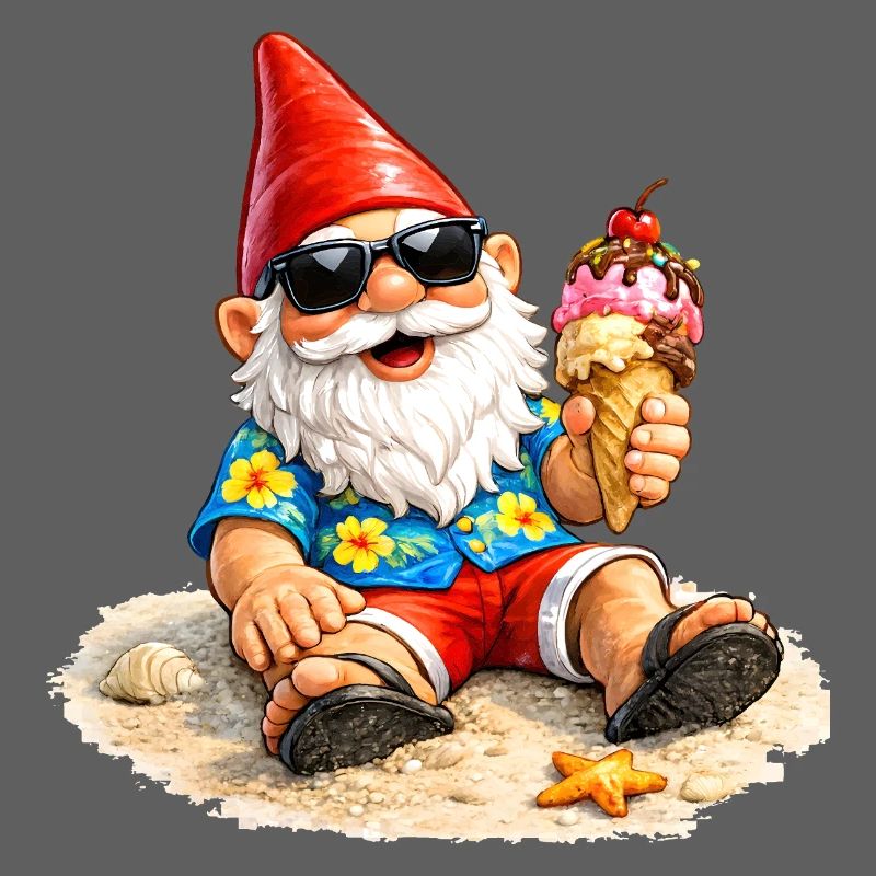 Gartenzwerg am Strand mit Eis in der Hand  