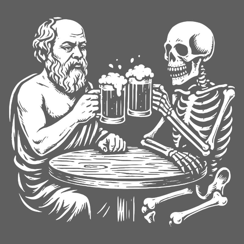Socrates drinking beer with skeleton
