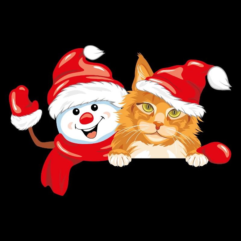 Waving happy snowman and ginger cat